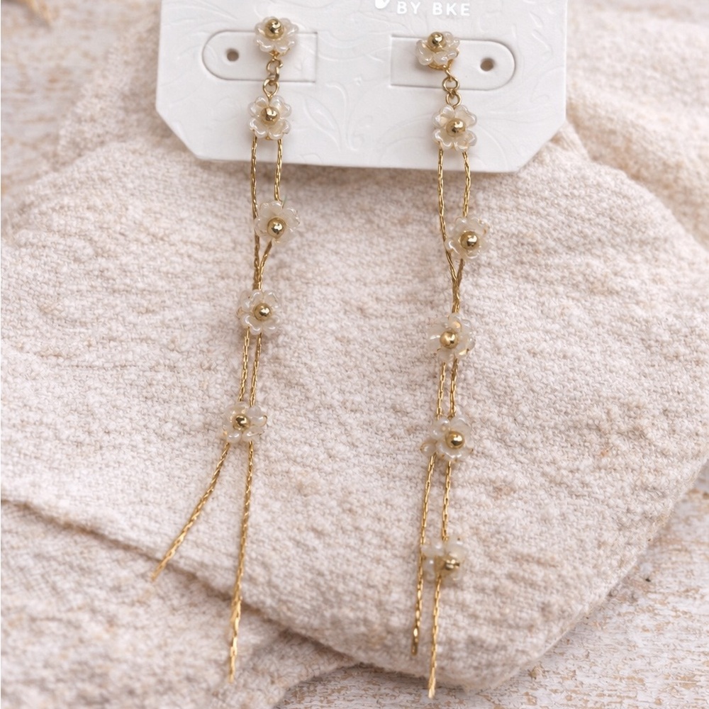 Gold Floral Drop Earrings - Cream Accents